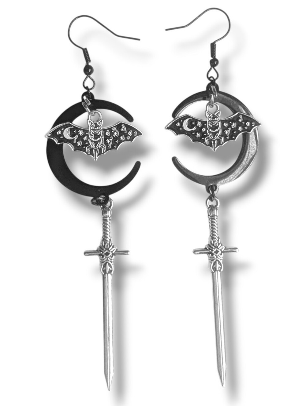 NWT Handmade Black Crescent Moon Lunar Bat and Dangly Silver Sword Earrings